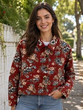 💙 Denim Jacket - Floral Button-Up Jacket in Red with Blue and Cream Flowers
